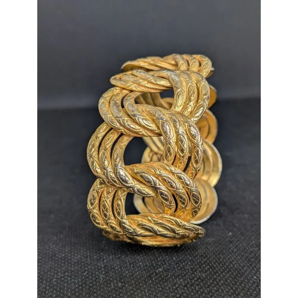 Vintage Dominique Aurientis Paris Gold Wide Thick Etched Cuff Bracelet Carved - Picture 6 of 8